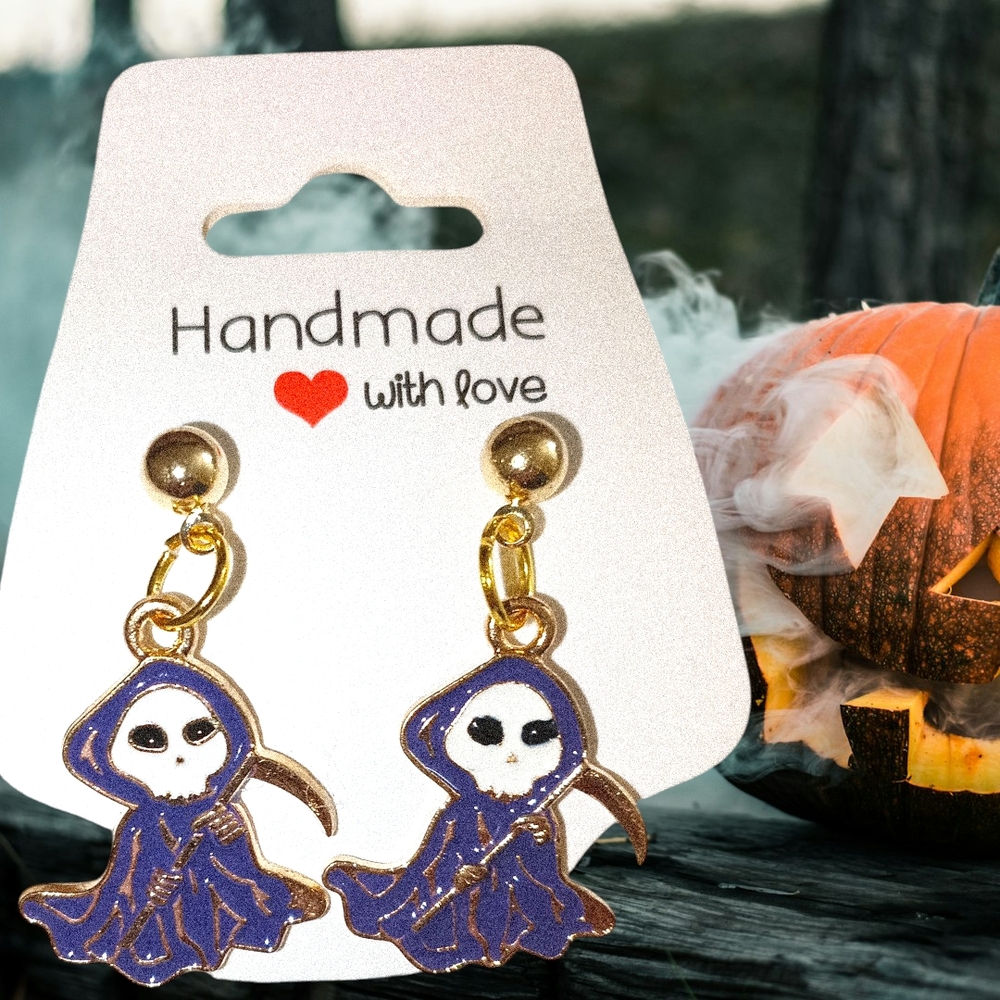 Handmade Gold and Blue Grim Reaper Earrings